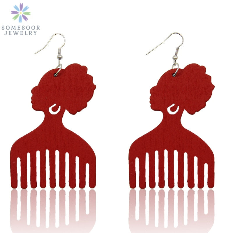 SOMESOOR Print Afro Woman Comb Wooden Drop Earrings African Ethinc Tribal Headwrap Design Bohemian Dangle Jewelry For Women Gift