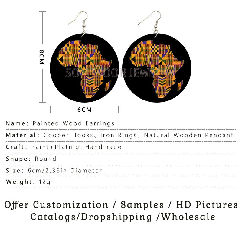 SOMESOOR Afro Fabric Artistic Printed Vintage Black Wooden Drop Earrings African Ethnic Bohemian Big Loops Dangle For Women Gift