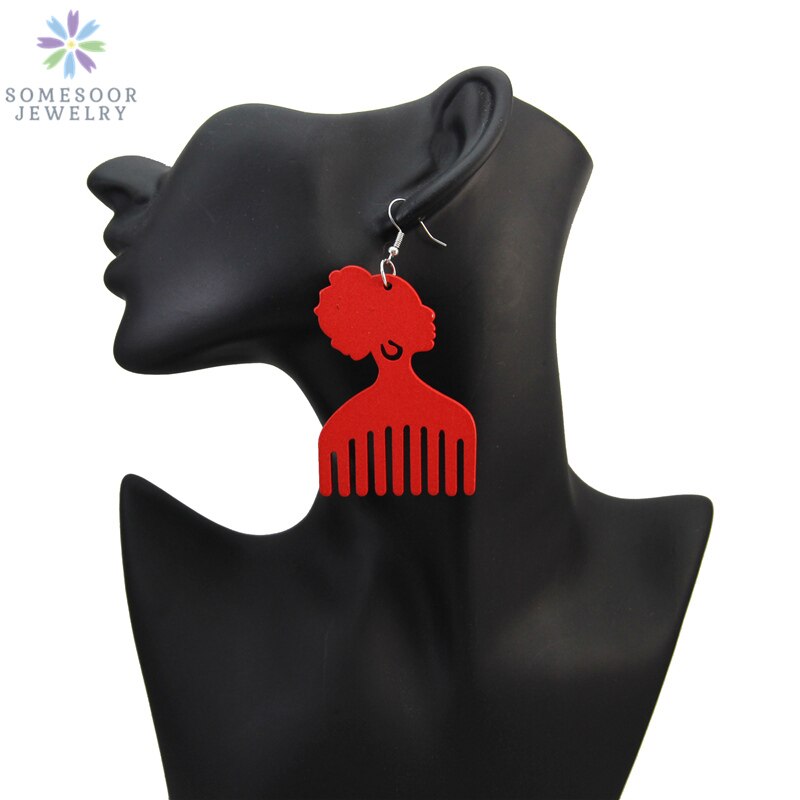 SOMESOOR Print Afro Woman Comb Wooden Drop Earrings African Ethinc Tribal Headwrap Design Bohemian Dangle Jewelry For Women Gift