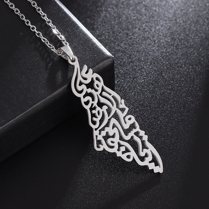 Vintage Palestine Map Pendant Necklace Women Men Fashion Arabic Stainless Steel Amulet Jewelry